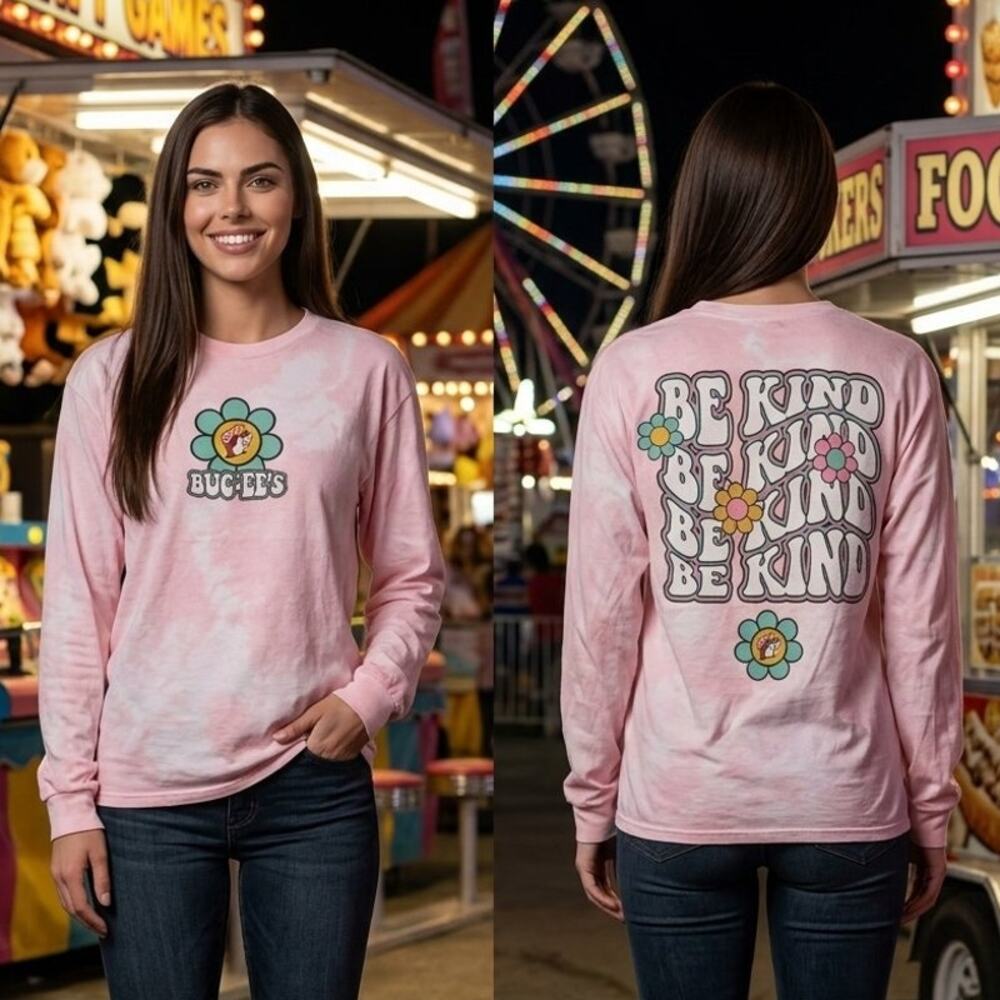 Bucees Be Kind Flowers Pink Tie Dye Long Sleeve Shirt Womens Large 42 Graphic